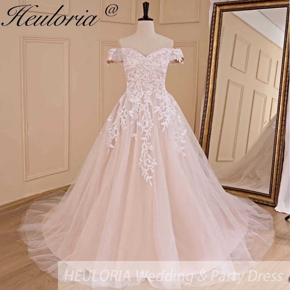 HEULORIA A-line Off the Shoulder Court Train Tulle Lace Wedding Dress AL-677