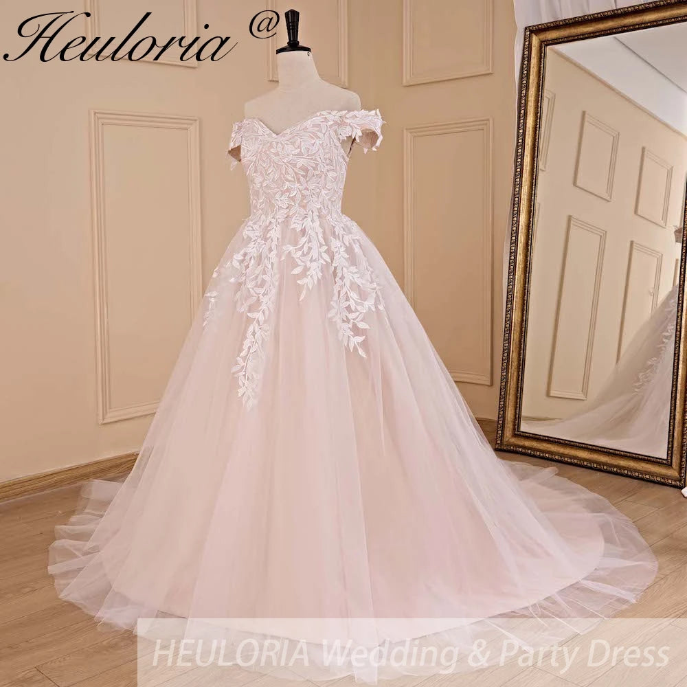 HEULORIA A-line Off the Shoulder Court Train Tulle Lace Wedding Dress AL-677