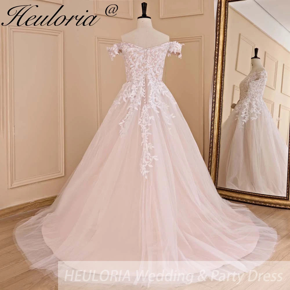 HEULORIA A-line Off the Shoulder Court Train Tulle Lace Wedding Dress AL-677