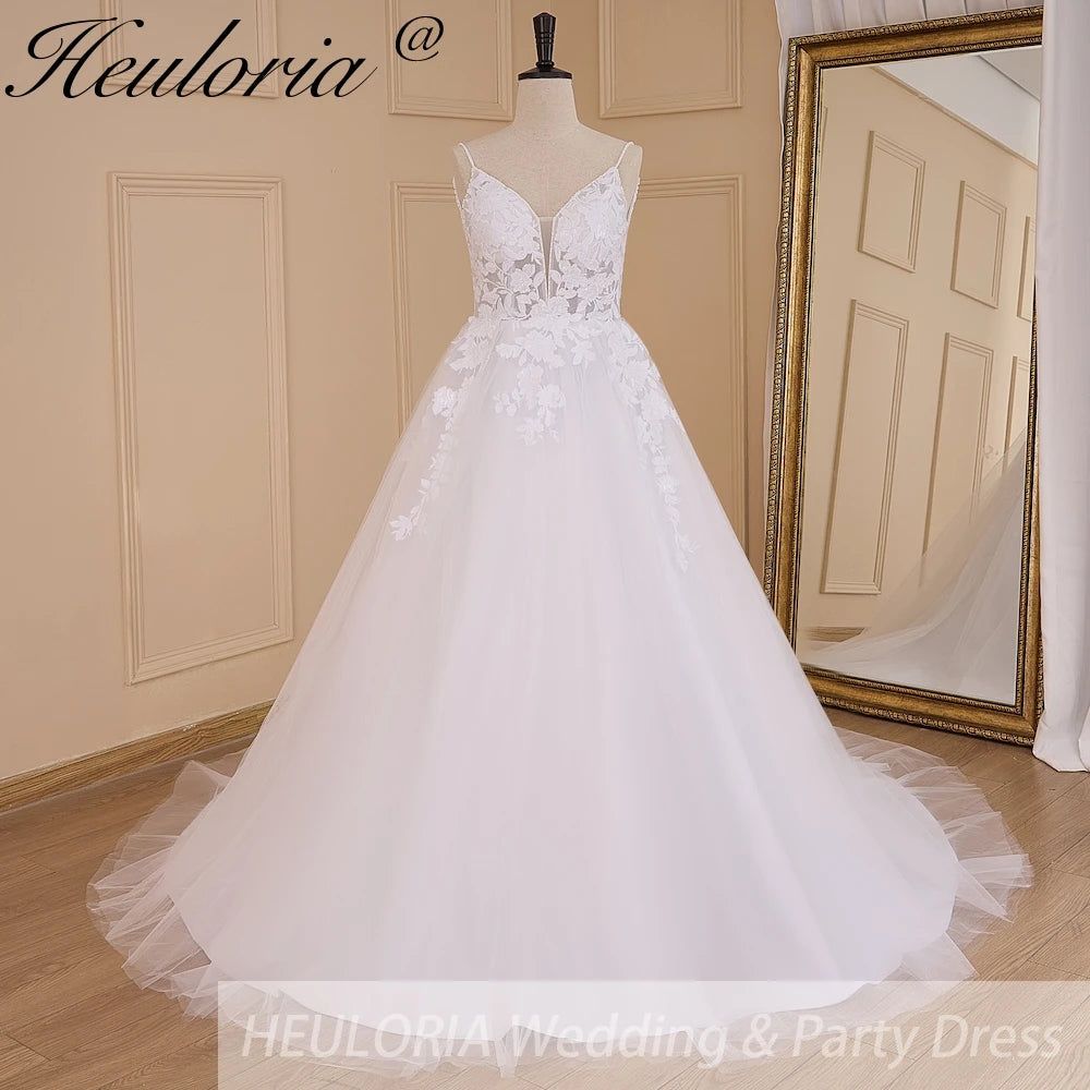 HEULORIA Romantic Lace A-Line Wedding Dress with Plunging V-Neck and Delicate Spaghetti Straps AL-635A Main image