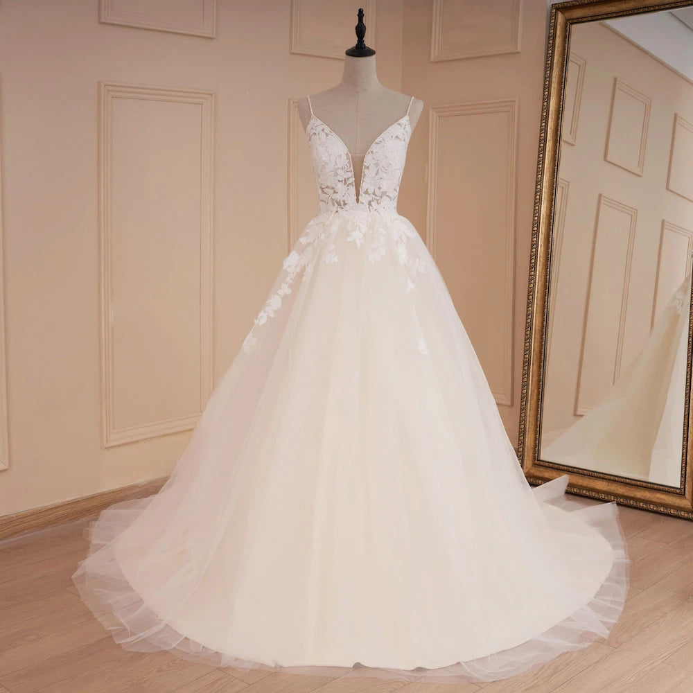 Lace V-Neck A-Line Wedding Dress | Spaghetti Strap Bridal Gown White / 22W Lace V-Neck A-Line Wedding Dress | Spaghetti Strap Bridal Gown White / 22W