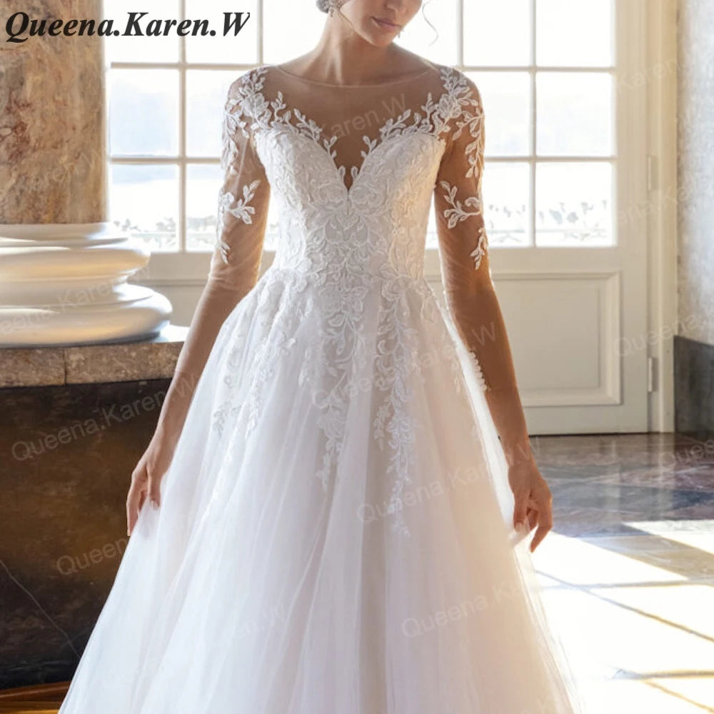 Elegant princess Wedding Dress long sleeve V neck lace applique bride dress robe de mariee A line Wedding Bridal Gown AL-QK93