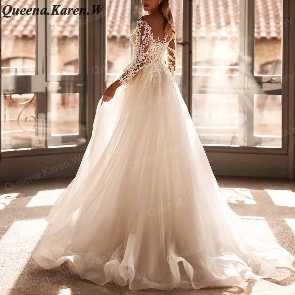 Elegant princess Wedding Dress long sleeve V neck lace applique bride dress robe de mariee A line Wedding Bridal Gown AL-QK87