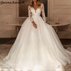Elegant princess Wedding Dress long sleeve V neck lace applique bride dress robe de mariee A line Wedding Bridal Gown AL-QK87