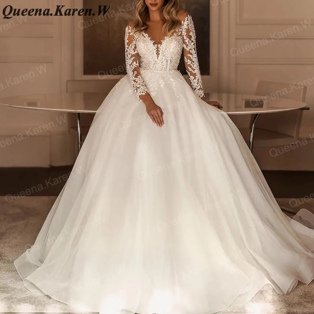 Elegant princess Wedding Dress long sleeve V neck lace applique bride dress robe de mariee A line Wedding Bridal Gown AL-QK87