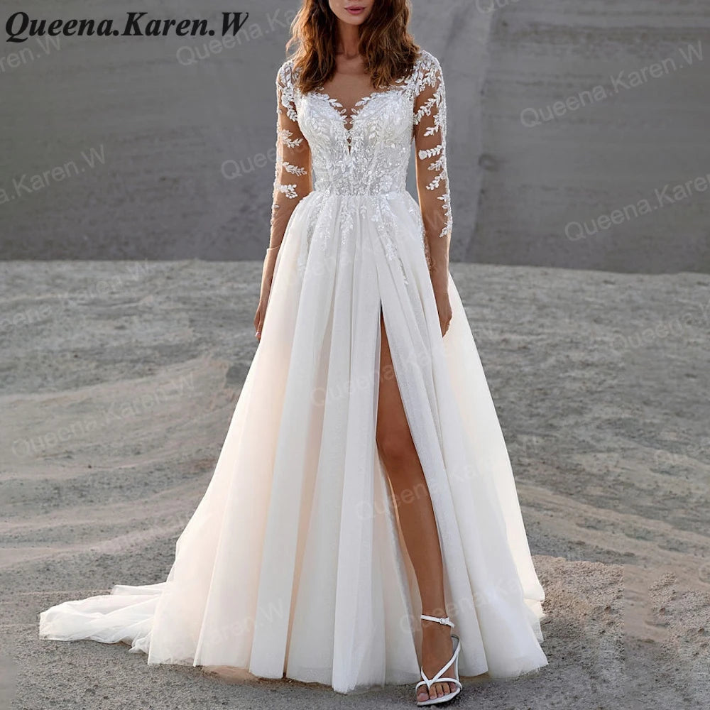 Elegant princess Wedding Dress long sleeve V neck lace applique bride dress robe de mariee A line Wedding Bridal Gown AL-QK67 Main image