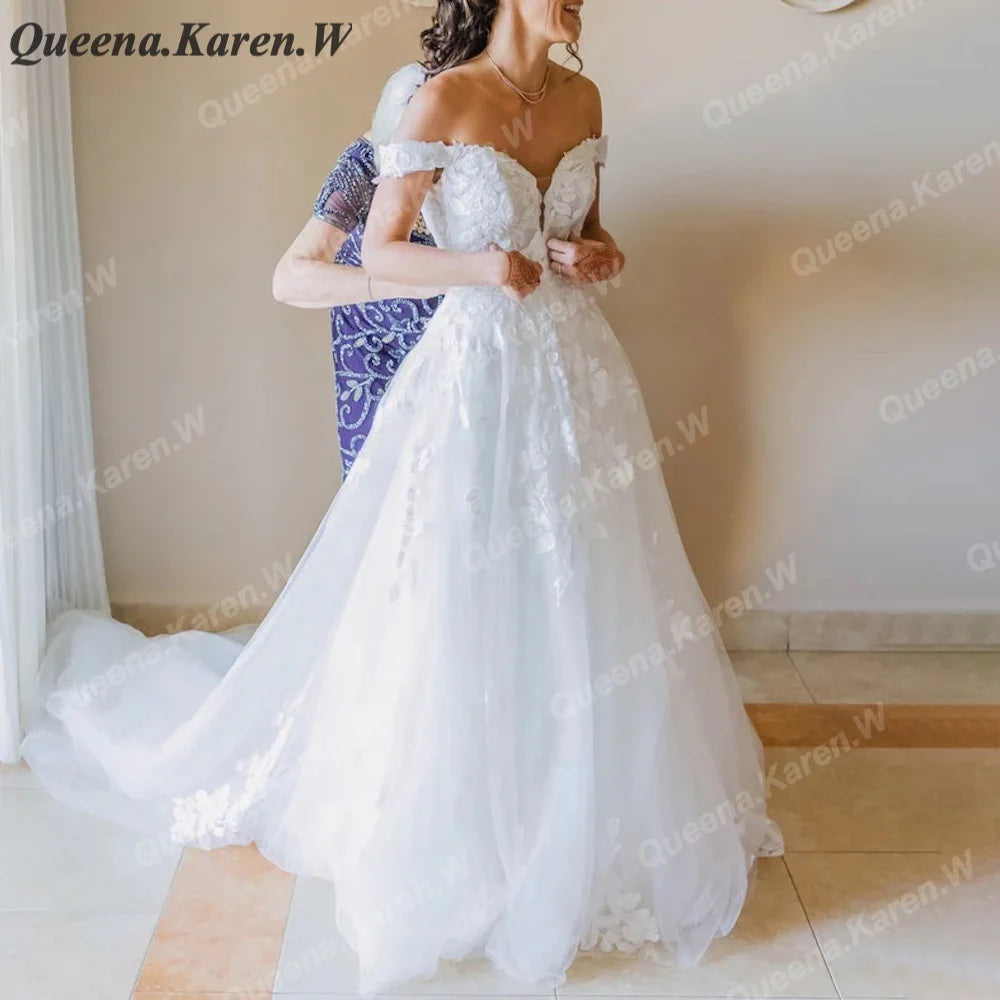 Elegant princess Wedding Dress off shoulder lace applique bride dress robe de mariee A line Wedding Bridal Gown BA-QK19