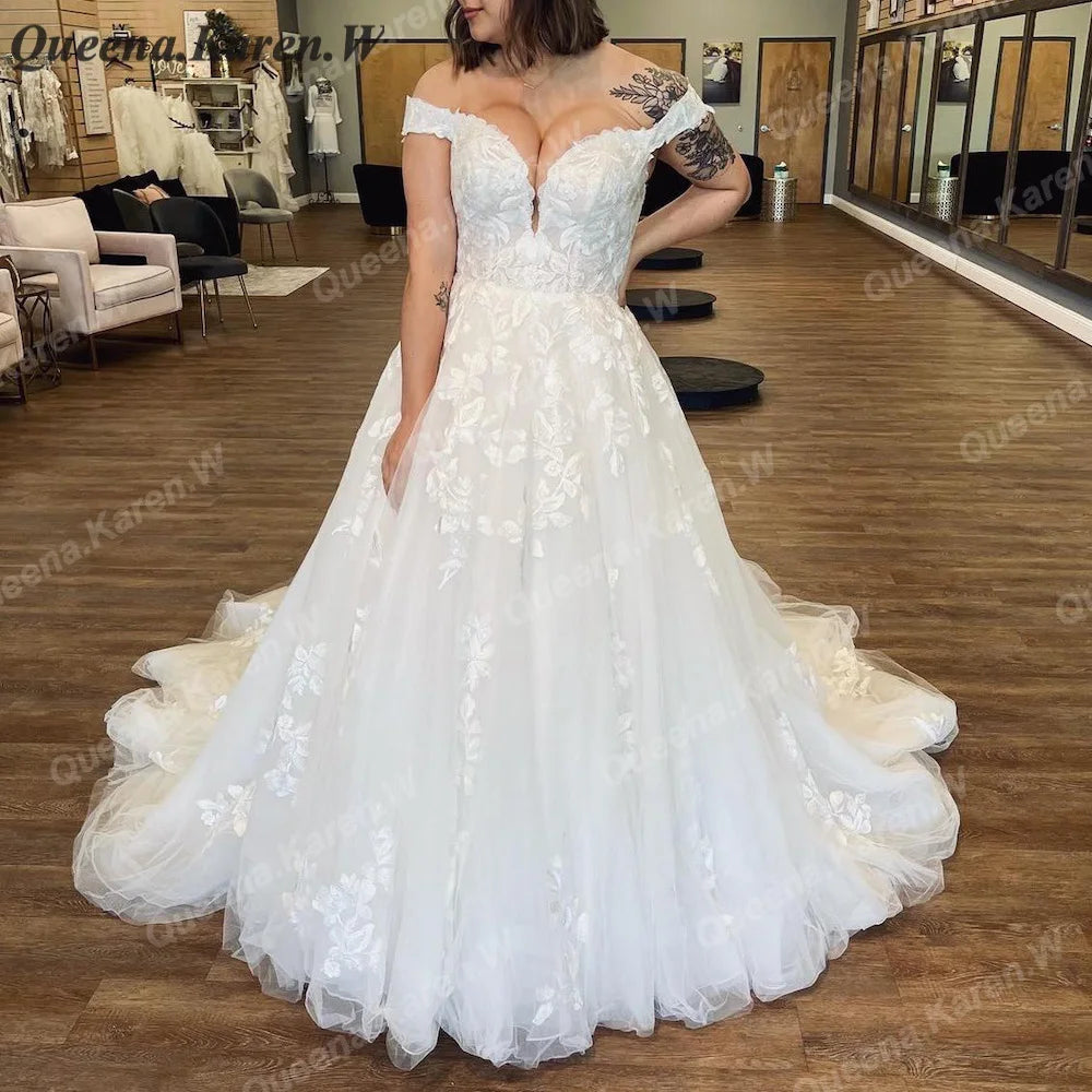 Elegant princess Wedding Dress off shoulder lace applique bride dress robe de mariee A line Wedding Bridal Gown BA-QK19