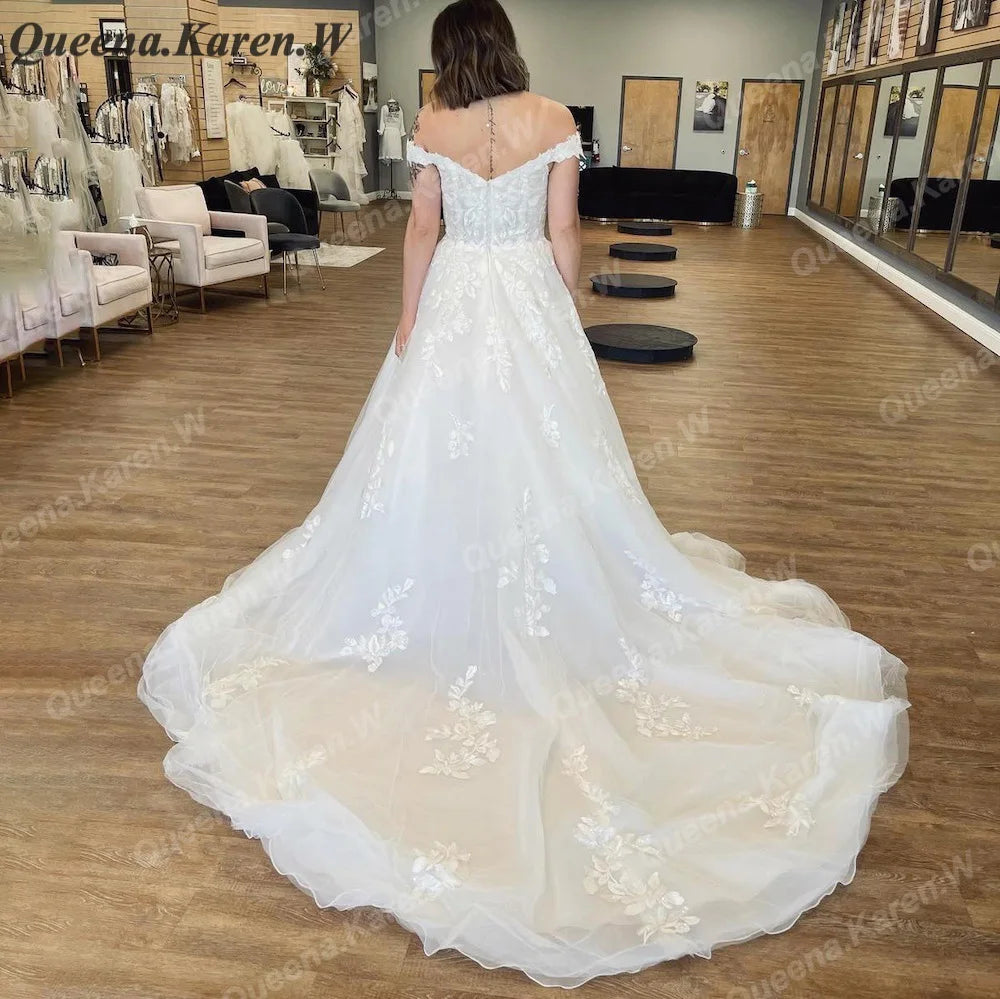 Elegant princess Wedding Dress off shoulder lace applique bride dress robe de mariee A line Wedding Bridal Gown BA-QK19