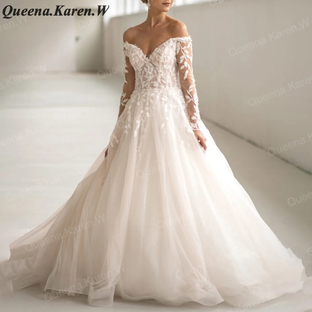 Elegant princess Wedding Dress off shouler long sleeve lace applique bride dress robe de mariee A line Wedding Bridal Gown AL-QK60