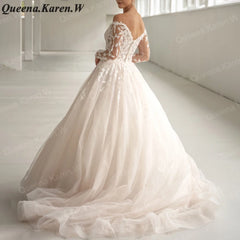 Elegant princess Wedding Dress off shouler long sleeve lace applique bride dress robe de mariee A line Wedding Bridal Gown