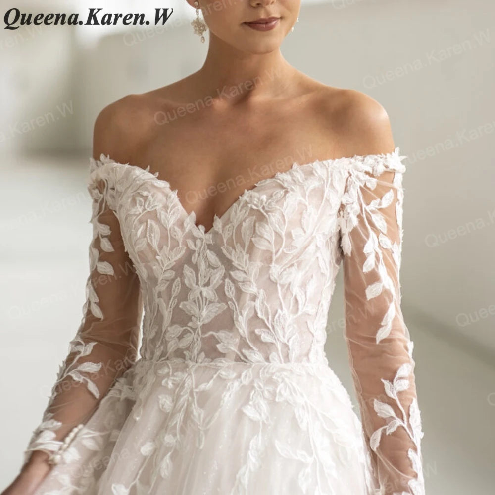 Elegant princess Wedding Dress off shouler long sleeve lace applique bride dress robe de mariee A line Wedding Bridal Gown AL-QK60