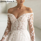 Elegant princess Wedding Dress off shouler long sleeve lace applique bride dress robe de mariee A line Wedding Bridal Gown AL-QK60