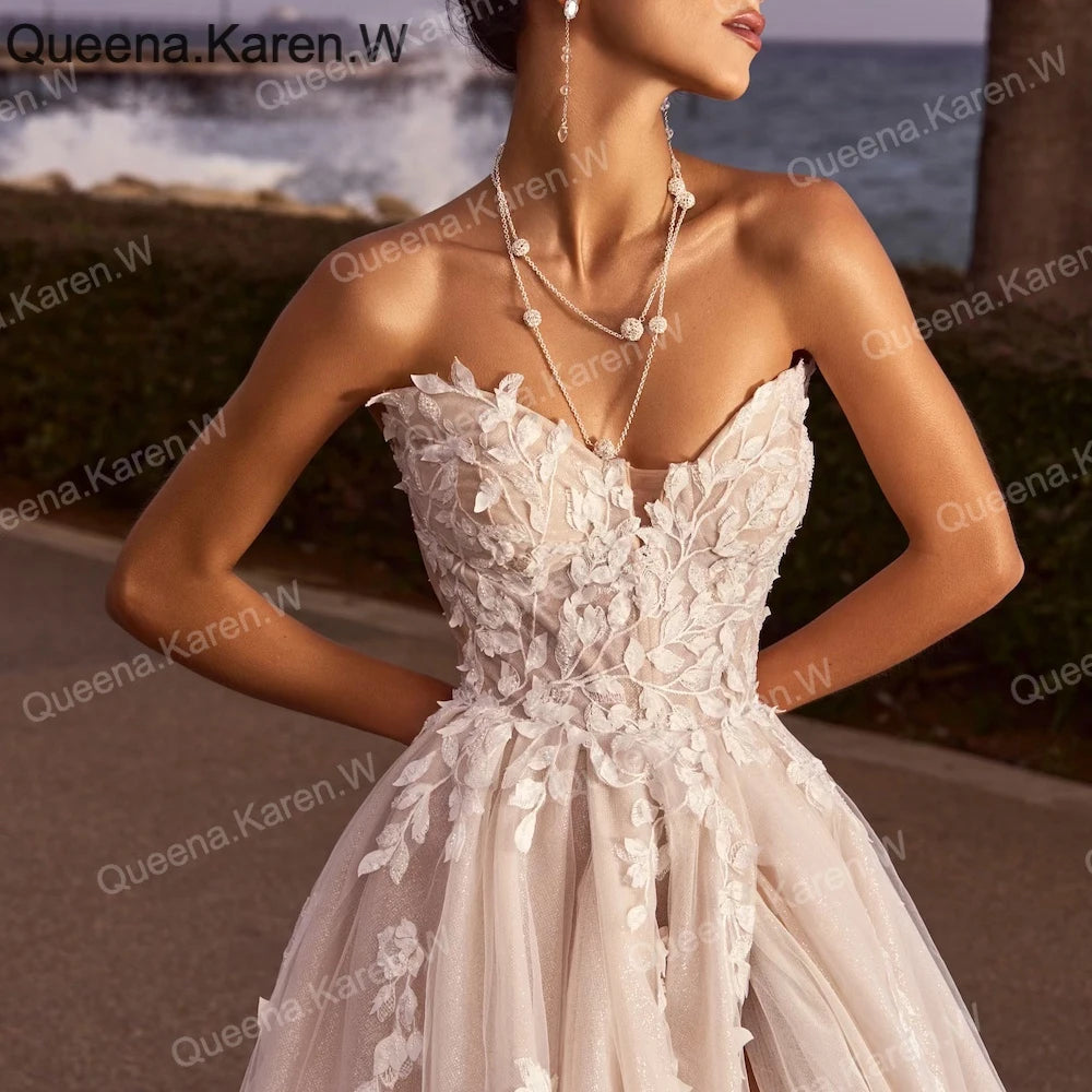 Elegant princess Wedding Dress strapless lace applique bride dress robe de mariee A line Wedding Bridal Gown BA-QK209