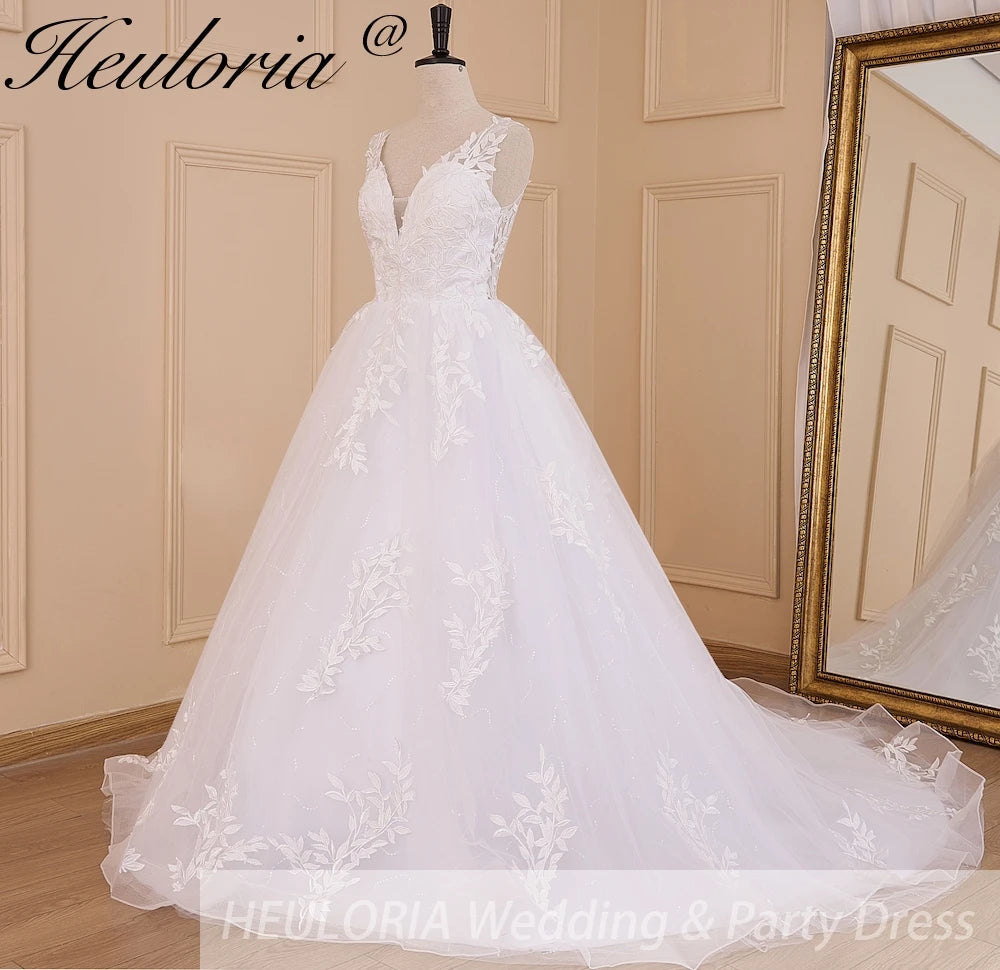HEULORIA Ball-Gown/Princess V-Neck Cathedral Train Tulle Lace Wedding Dress With Sequins BA-609