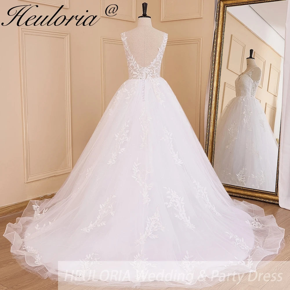 HEULORIA Ball-Gown/Princess V-Neck Cathedral Train Tulle Lace Wedding Dress With Sequins BA-609