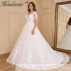 HEULORIA Princess Ball Gown Wedding Dress short sleeve lace applique plus size robe de mariee bride dress BA-650