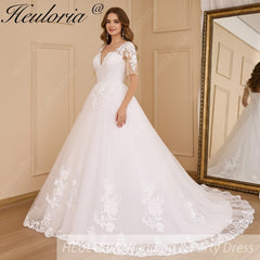 HEULORIA Princess Ball Gown Wedding Dress short sleeve lace applique plus size robe de mariee bride dress BA-650