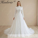HEULORIA Shimmering Sequin High-Neck Long Sleeve Wedding Dress - Elegant A-Line Bridal Gown with Cathedral Train muslim wedding dress  BA-1203