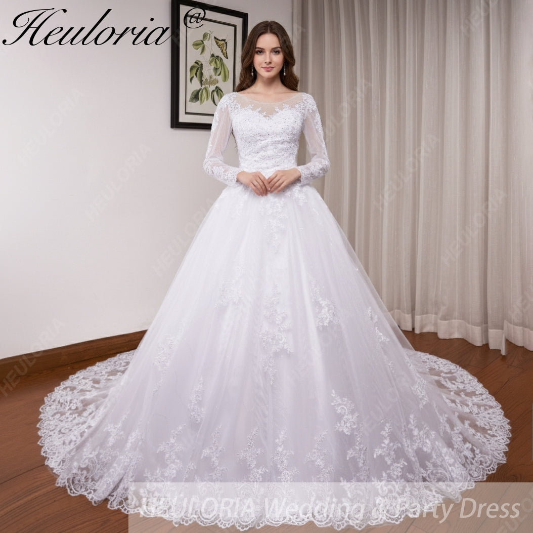 HEULORIA Princess Ball Gown Wedding Dress long sleeve sweetheart plus size robe de mariee Lace beading bride dress court train BA-VN8191