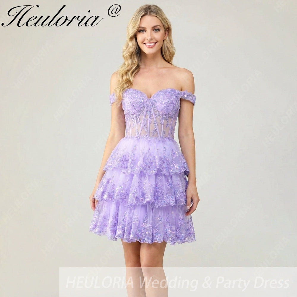HEULORIA Off-The-Shoulder Tiered Lace Cocktail Dress - Illusion Corset Prom Mini Gown ED-276