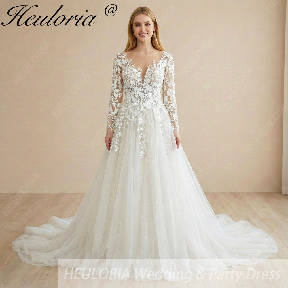 Heuloria Enchanting 3D Floral Lace A-Line Wedding Dress with Illusion Long Sleeves and Glitter Tulle AL-1093