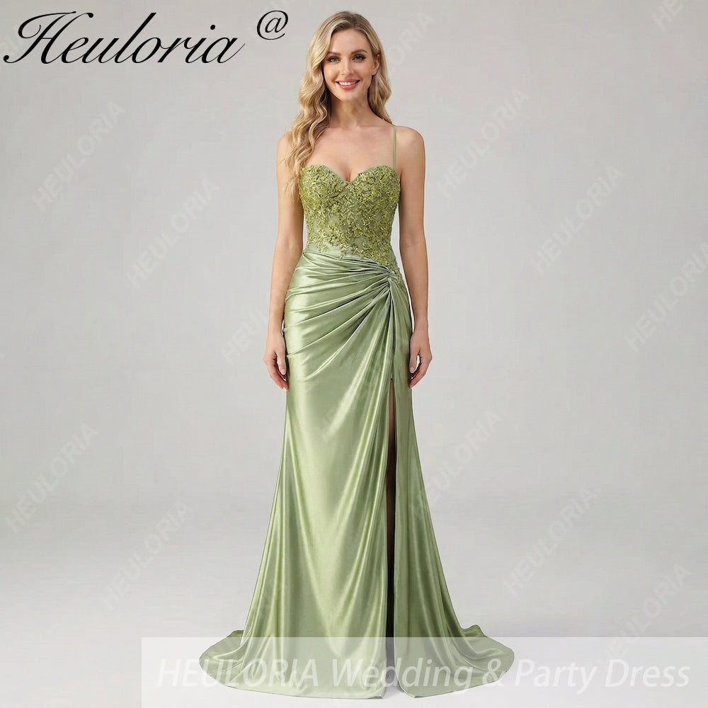HEULORIA Sage Green Lace Appliqué Satin Mermaid Prom Dress with High Slit and Lace-Up Back – ED-216 Image principale du produit