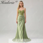 HEULORIA Sage Green Lace Applique Prom Dress: Spaghetti Straps Sweetheart Neckline with Side Slit ED-216