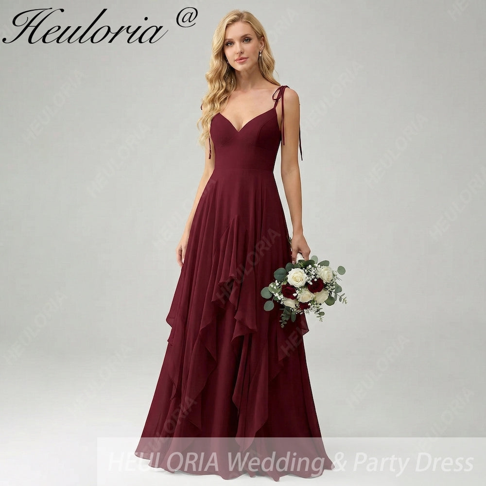 HEULORIA Elegant Cascading Ruffle Chiffon Bridesmaid Dress - Tie-Shoulder V-Neck Maxi Gown ED-252