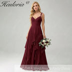 HEULORIA Elegant Cascading Ruffle Chiffon Bridesmaid Dress - Tie-Shoulder V-Neck Maxi Gown ED-252