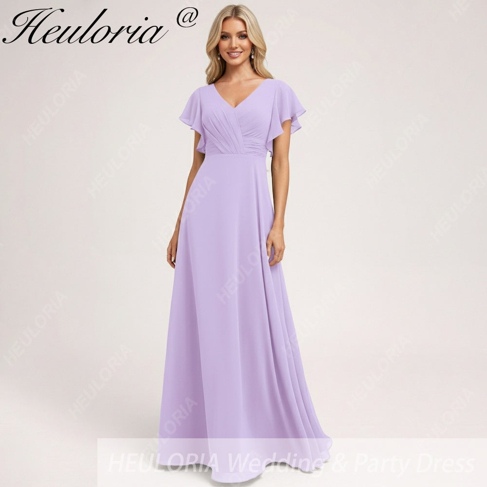 HEULORIA Long Bridemaid dress short sleeve V neck chiffon party dress formal dress ED-133