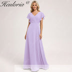 HEULORIA Long Bridemaid dress short sleeve V neck chiffon party dress formal dress ED-133