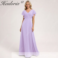 HEULORIA Long Bridemaid dress short sleeve V neck chiffon party dress formal dress ED-133