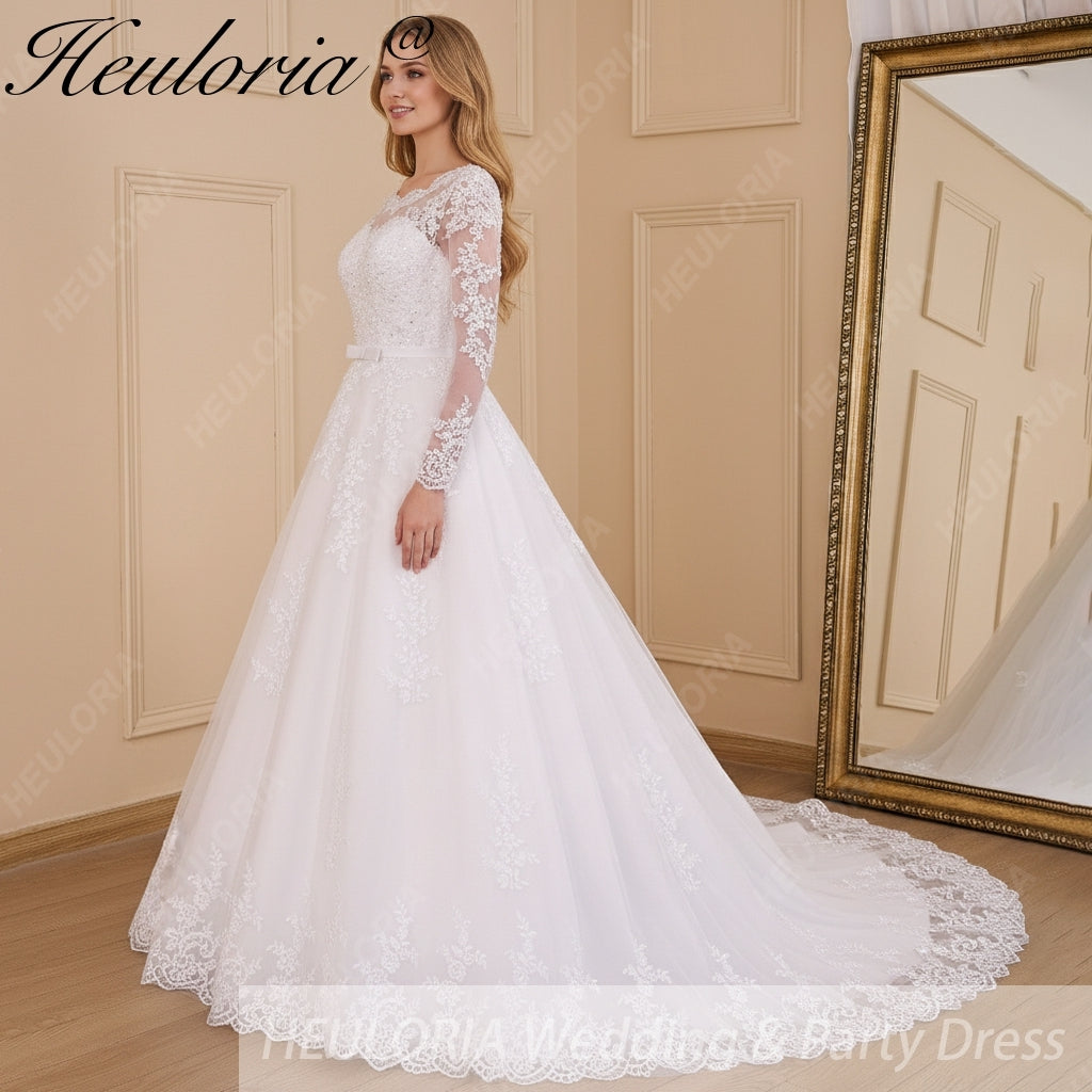 HEULORIA princess Wedding Dress long sleeve round neck bride dress lace beading lace up Plus size wedding gown BA-613 Imagen secundaria del producto