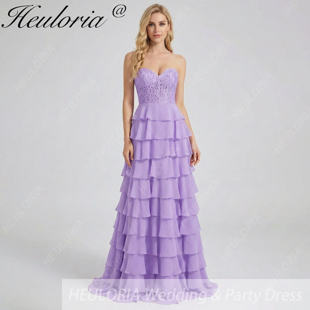 HEULORIA Strapless Sweetheart Lace Bodice Tiered Ruffle Chiffon Prom Gown - Available in Multiple Colors evening dresses ED-235