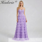 HEULORIA Strapless Sweetheart Lace Bodice Tiered Ruffle Chiffon Prom Gown - Available in Multiple Colors evening dresses ED-235