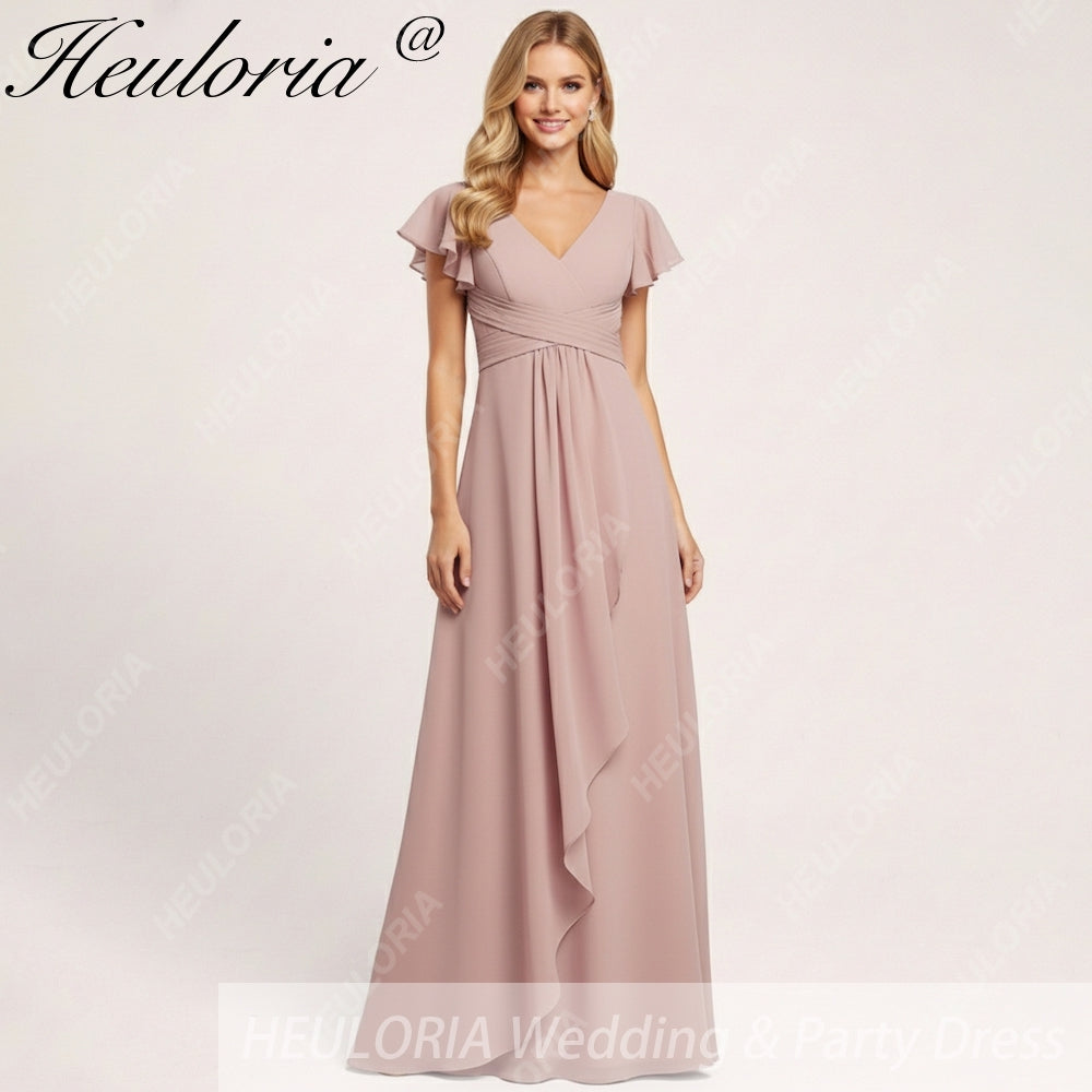 HEULORIA Long Bridemaid dress short sleeve V neck chiffon party dress formal dress ED-135