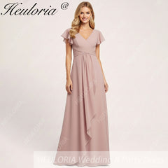 HEULORIA Long Bridemaid dress short sleeve V neck chiffon party dress formal dress ED-135