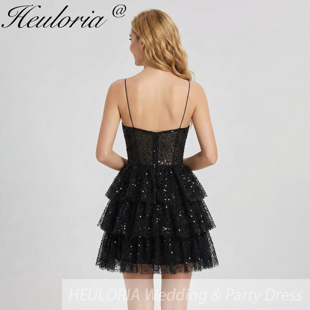 HEULORIA Sparkling Black Sequined Tiered Mini Homecoming Dress - Illusion Deep V & Spaghetti Straps ED-307
