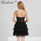 HEULORIA Sparkling Black Sequined Tiered Mini Homecoming Dress - Illusion Deep V & Spaghetti Straps ED-307