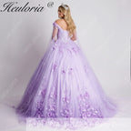 HEULORIA Floral Lace V Neck Strap Sleeve Quinceanera Gown BA-1256