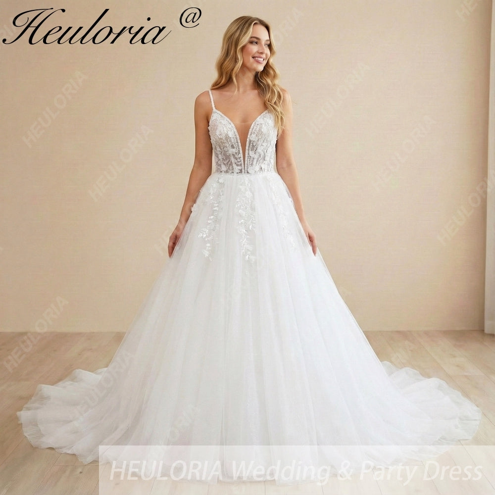 HEULORIA 3D Floral Applique A-Line Wedding Dress with Deep V-Neck and Glitter Tulle AL-1096