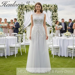 HEULORIA Long Bridemaid dress round neck lace beads tulle party dress formal dress ED-75P