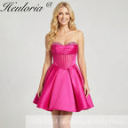 HEULORIA Sweetheart Strapless Corset Satin Mini Dress - Beaded Neckline A-Line Party Dress ED-270