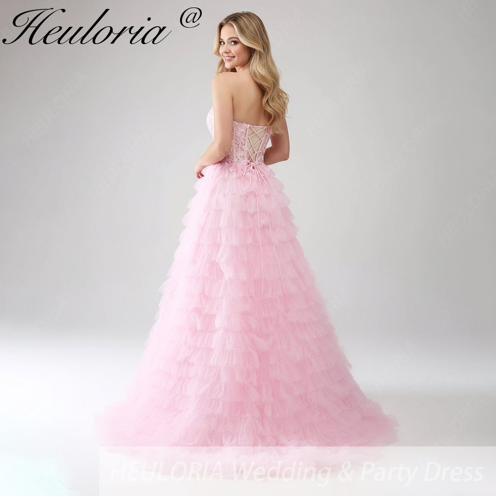 HEULORIA Enchanting Pink Tiered Ruffle Prom Dress - Sweetheart Strapless Lace-Up Ball Gown ED-355 Image secondaire du produit