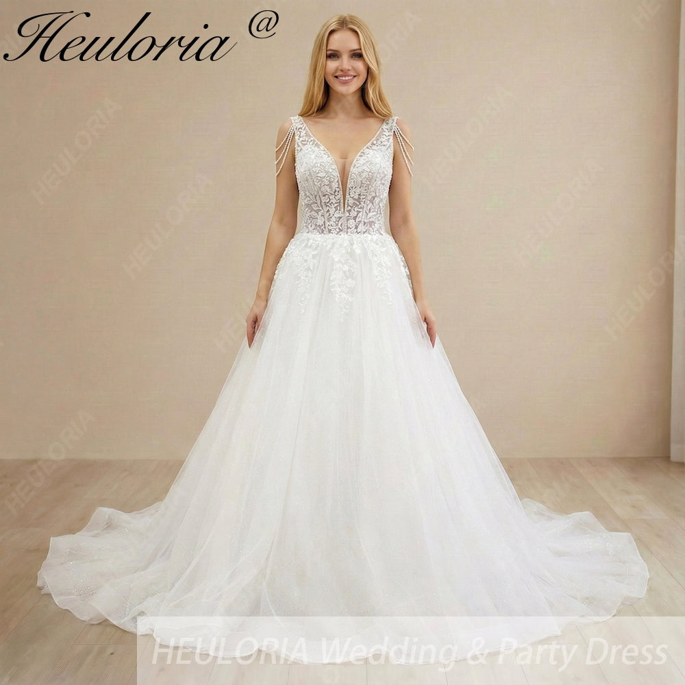 Heuloria Ethereal A-Line Wedding Dress with Deep V-Neck and Draped Pearl Shoulder Accents AL-969