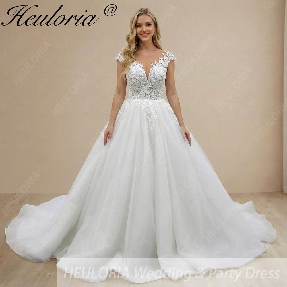 HEULORIA Ethereal Lace Appliqué Ball Gown: Illusion V-Neck & Scalloped Cap Sleeves BA-1090