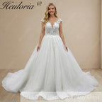 HEULORIA Ethereal Lace Appliqué Ball Gown: Illusion V-Neck & Scalloped Cap Sleeves BA-1090
