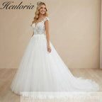 HEULORIA A line Wedding Dress V Neck Sleeveless Boho Lace Appliques Tulle Long Bridal Gowns  Customized AL-1074