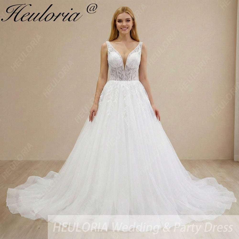 HEULORIA Sparkling Leaf Lace Ball Gown Wedding Dress with Plunging V-Neck and Beaded Fringe Sleeves AL-1025